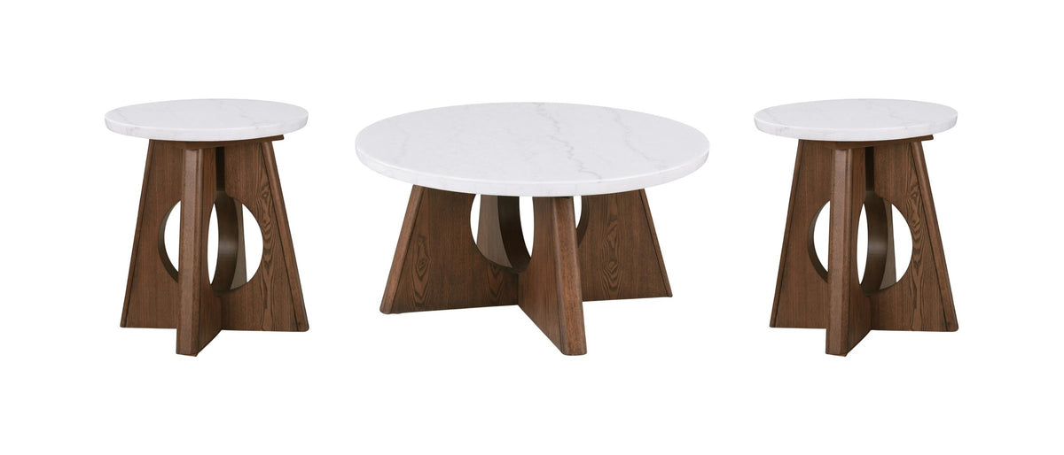 Three tables, one shape. - Asti 40-Inch Round White Marble Coffee and End Table Set, 3 Pieces