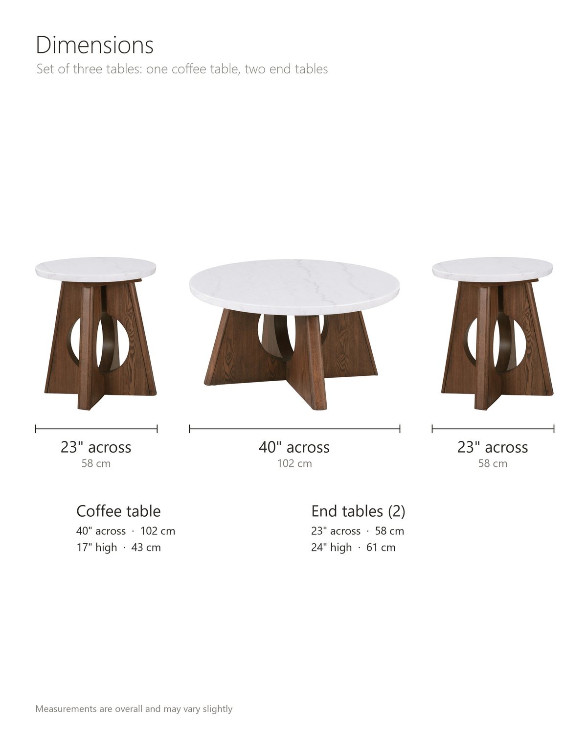 Asti 40-Inch Round White Marble Coffee and End Table Set, 3 Pieces dimensions: coffee table 40 in across and 17 in high; each of the two end tables 23 in across and 24 in high