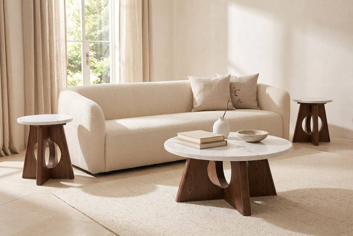 Asti 40-Inch Round White Marble Coffee and End Table Set, 3 Pieces in the room