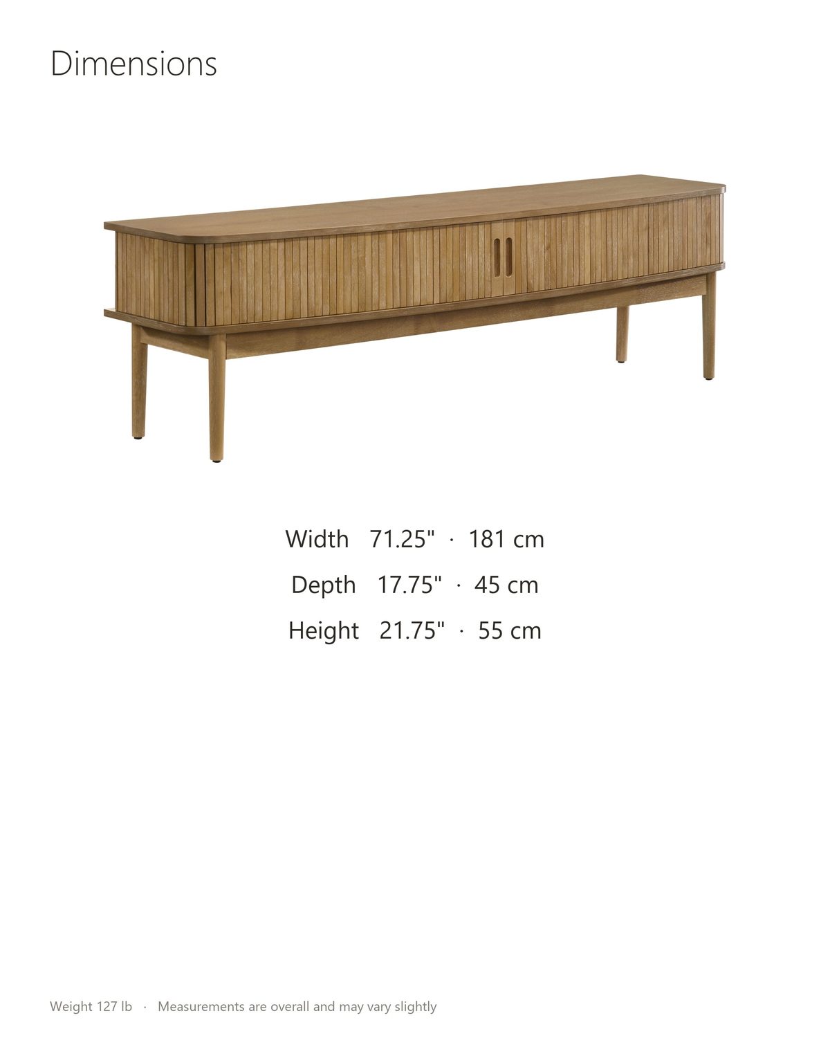 Atrani Reeded Curved Media Console dimensions: 71.25 in wide, 17.75 in deep, 21.75 in high