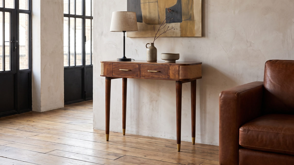 Chestnut, cane and brass. - Avetrana Mango Wood and Cane Console Table
