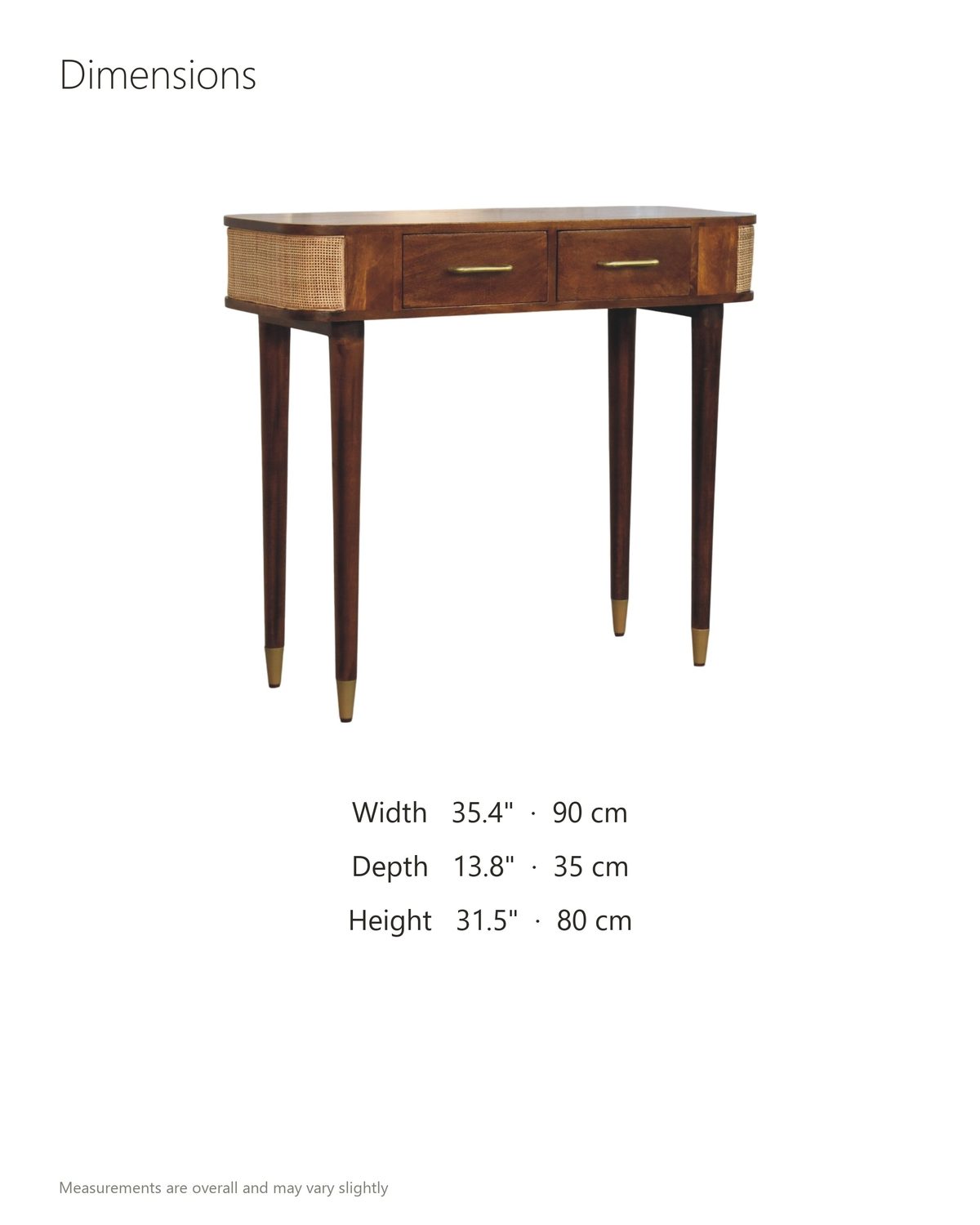 Avetrana Mango Wood and Cane Console Table dimensions: 35.4 in wide, 13.8 in deep, 31.5 in high