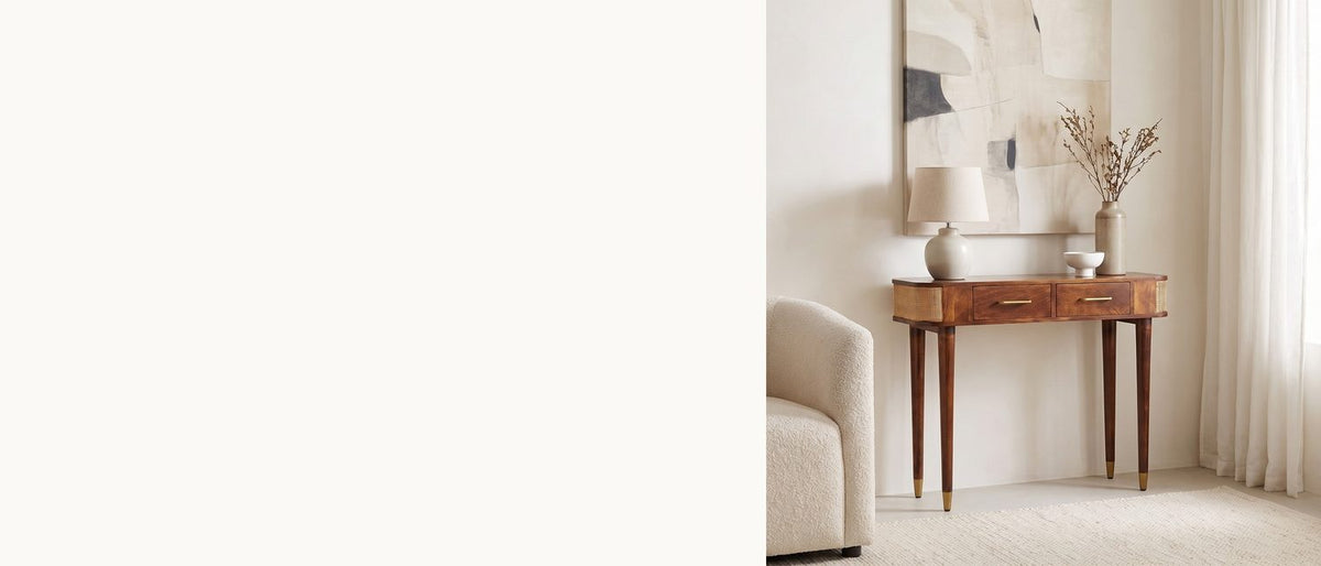 Cane ends on a chestnut case. - Avetrana Mango Wood and Cane Console Table