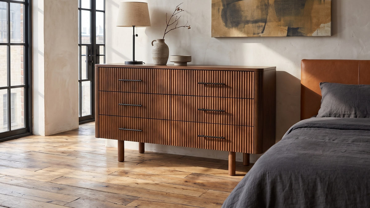 Warm walnut, fine lines. - Badia 56-Inch Walnut-Finish 6-Drawer Dresser