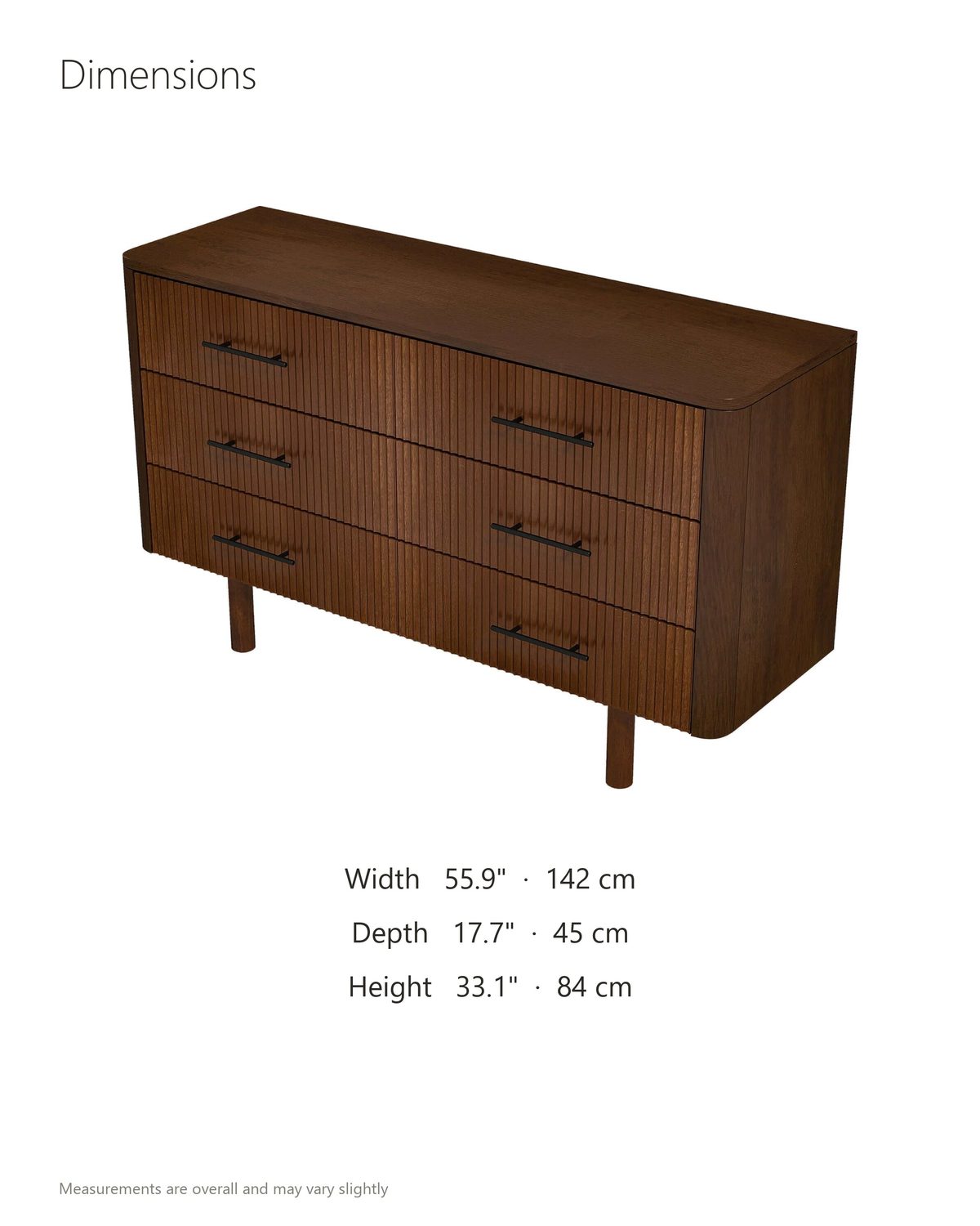 Badia 56-Inch Walnut-Finish 6-Drawer Dresser dimensions: 55.9 in wide, 17.7 in deep, 33.1 in high