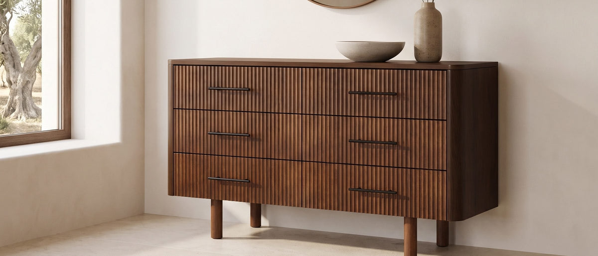Badia 56-Inch Walnut-Finish 6-Drawer Dresser in the room