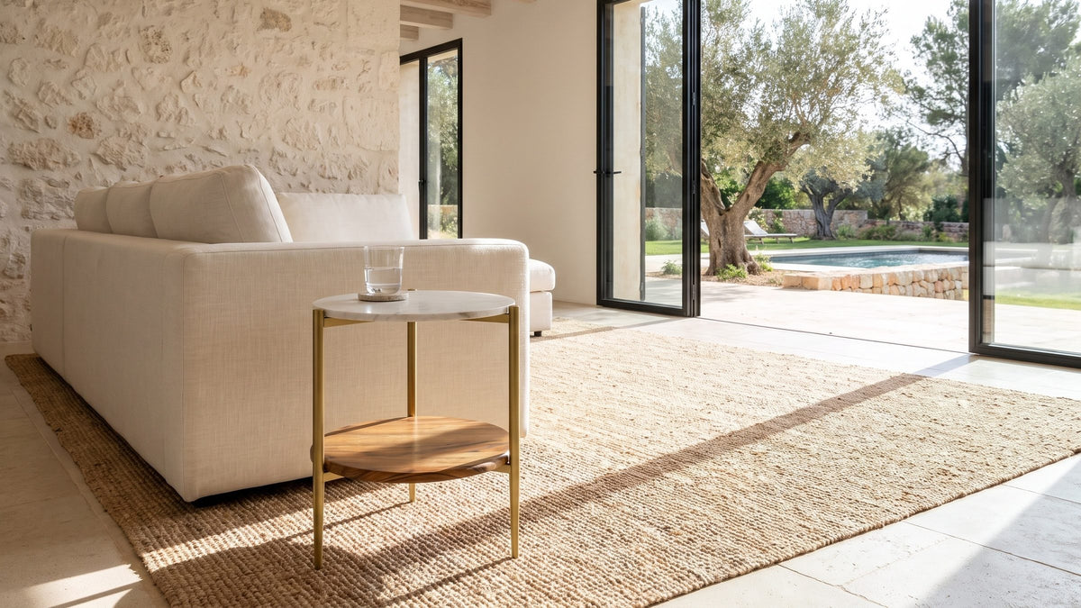 Light on its feet. - Badolato Marble and Acacia Two-Tier Side Table