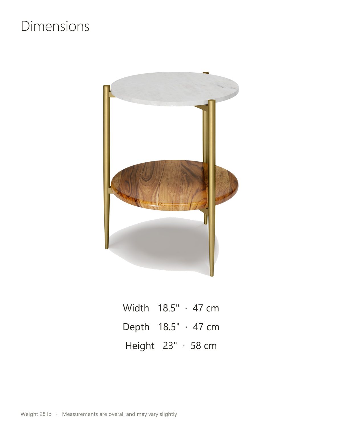 Badolato Marble and Acacia Two-Tier Side Table dimensions: 18.5 in wide, 18.5 in deep, 23 in high