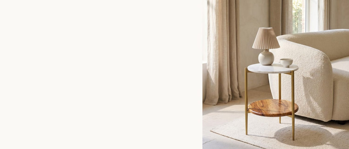 Marble above, acacia below. - Badolato Marble and Acacia Two-Tier Side Table