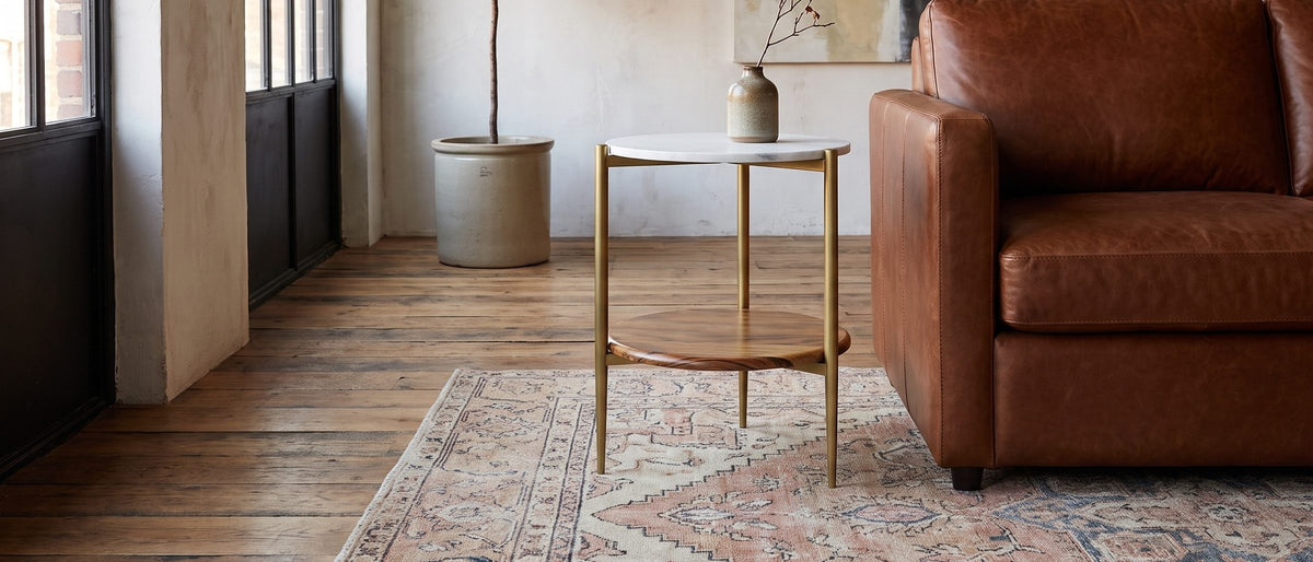 Badolato Marble and Acacia Two-Tier Side Table in the room