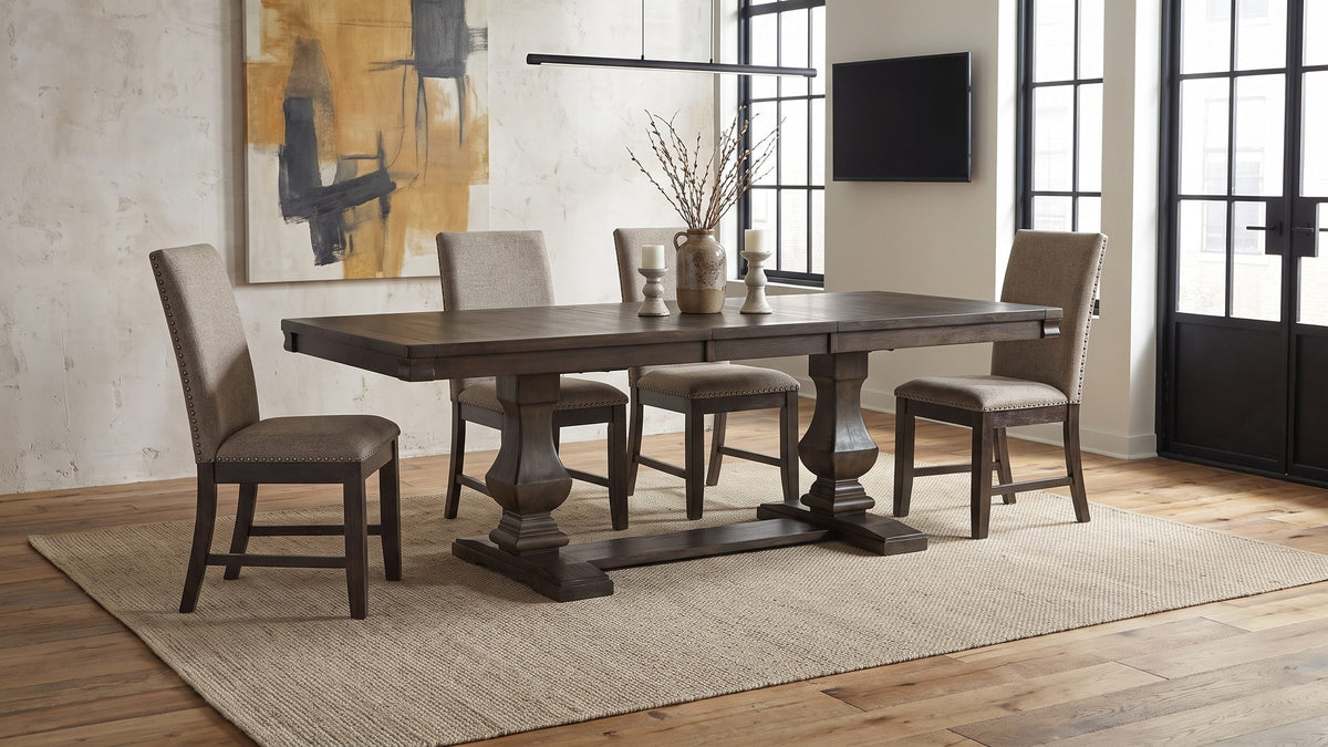 Rustic brown, soft taupe. - Bagnara 76.5 to 94.5-Inch Rustic Oak Double Pedestal Dining Set with 4 Chairs