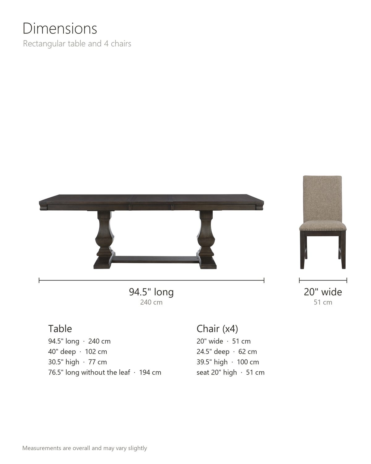 Bagnara 76.5 to 94.5-Inch Rustic Oak Double Pedestal Dining Set with 4 Chairs dimensions: table 94.5 in long with the 18-in leaf and 76.5 in without it, 40 in deep and 30.5 in high, 27 in clearance under the apron; each chair 20 in wide, 24.5 in deep and 39.5 in high, seat 20 in high