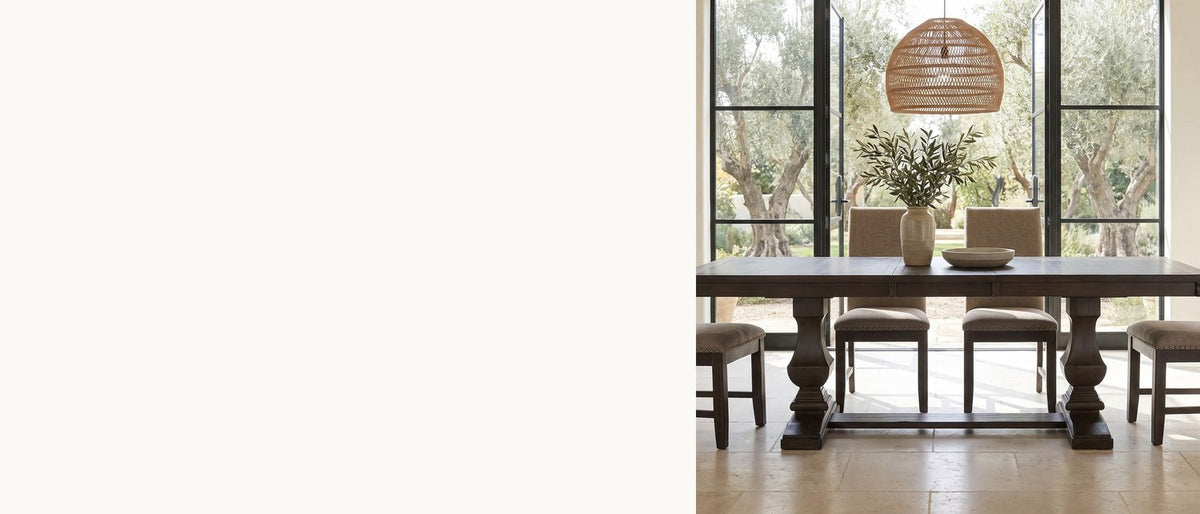 Two urns, one long table. - Bagnara 76.5 to 94.5-Inch Rustic Oak Double Pedestal Dining Set with 4 Chairs