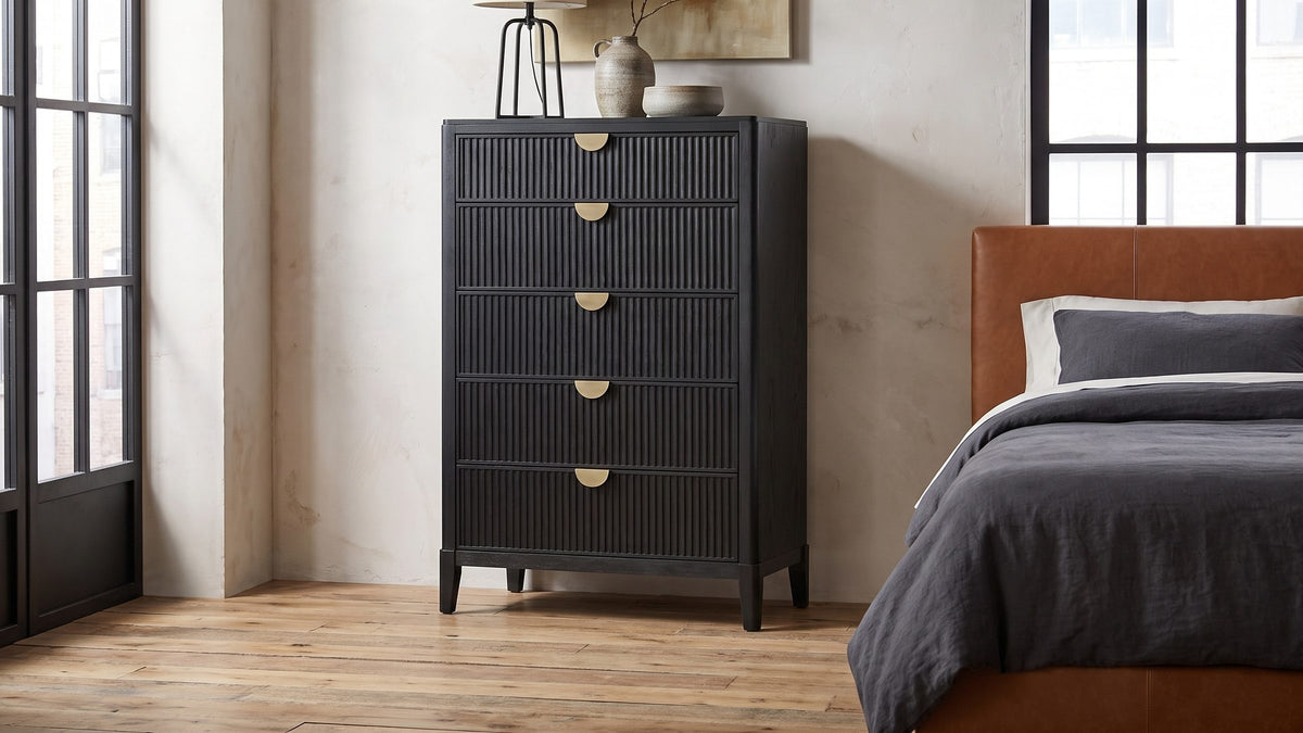 Pale plaster, black wood. - Bardolino 36-Inch Black Fluted 5-Drawer Chest