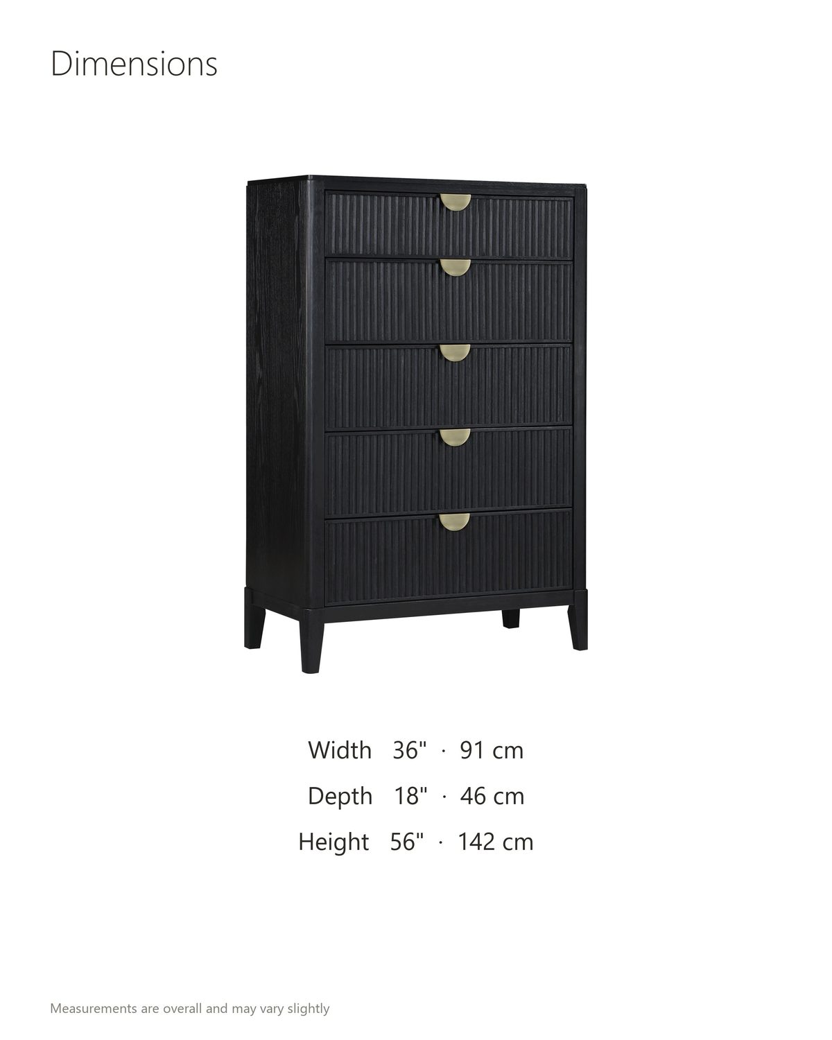 Bardolino 36-Inch Black Fluted 5-Drawer Chest dimensions: 36 in wide, 18 in deep, 56 in high