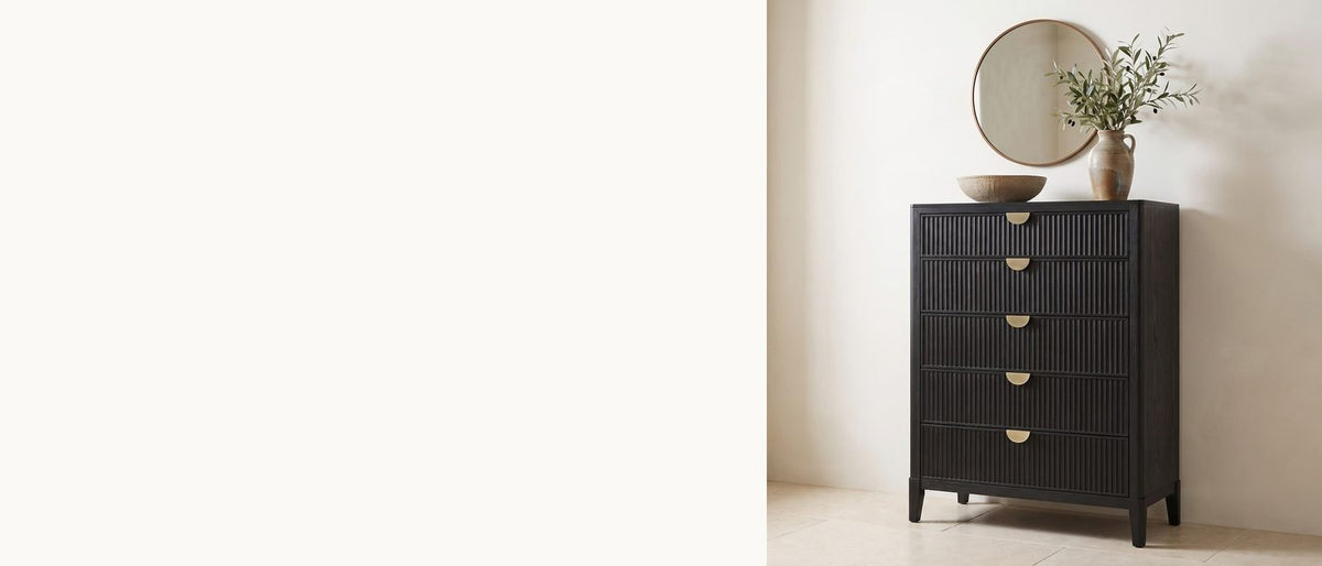 Soft stripes, warm brass. - Bardolino 36-Inch Black Fluted 5-Drawer Chest