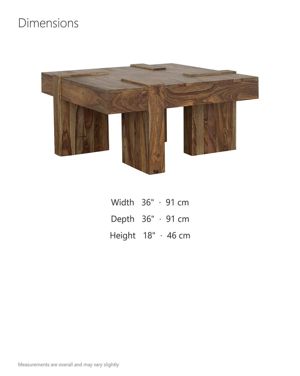 Barga Solid Sheesham Coffee Table dimensions: 36 in wide, 36 in deep, 18 in high