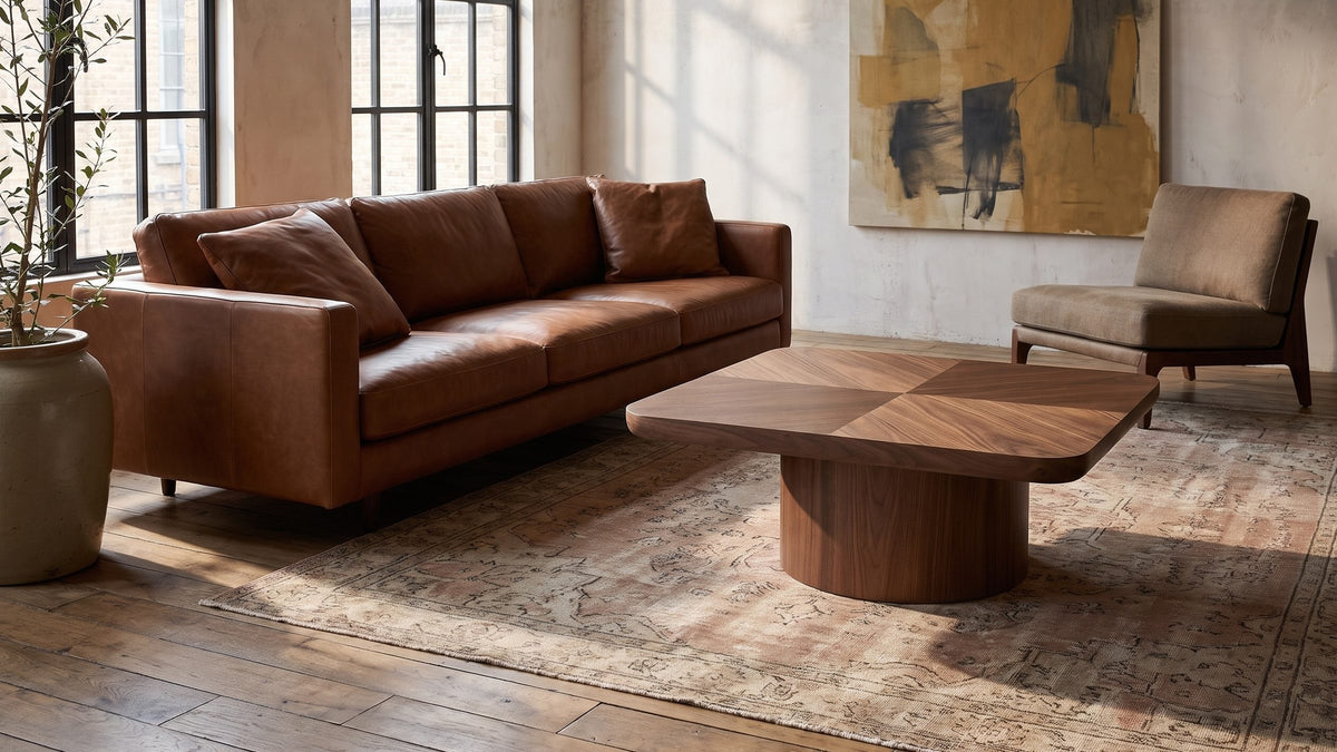 Warm walnut, square and low. - Bari Walnut Veneer Square Pedestal Coffee Table