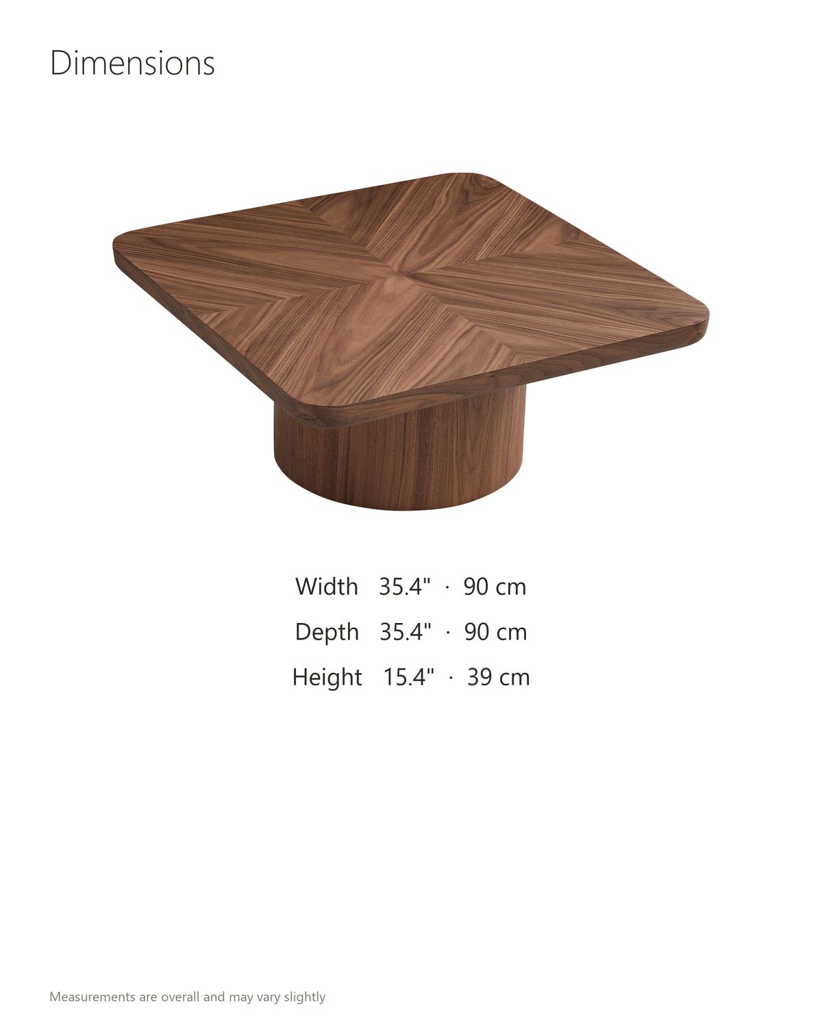 Bari Walnut Veneer Square Pedestal Coffee Table dimensions: 35.4 in wide, 35.4 in deep, 15.4 in high