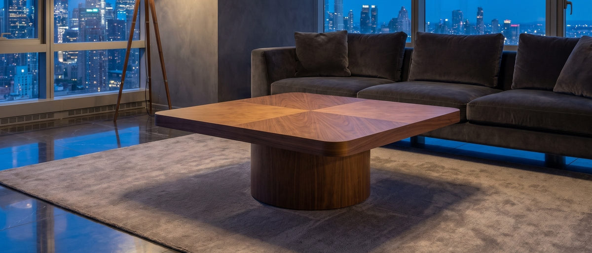 Bari Walnut Veneer Square Pedestal Coffee Table in the room