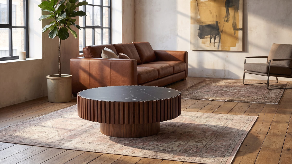 Walnut slats, sunlit floors. - Barolo 35-Inch Round Black Sintered Stone Slatted Drum Coffee Table