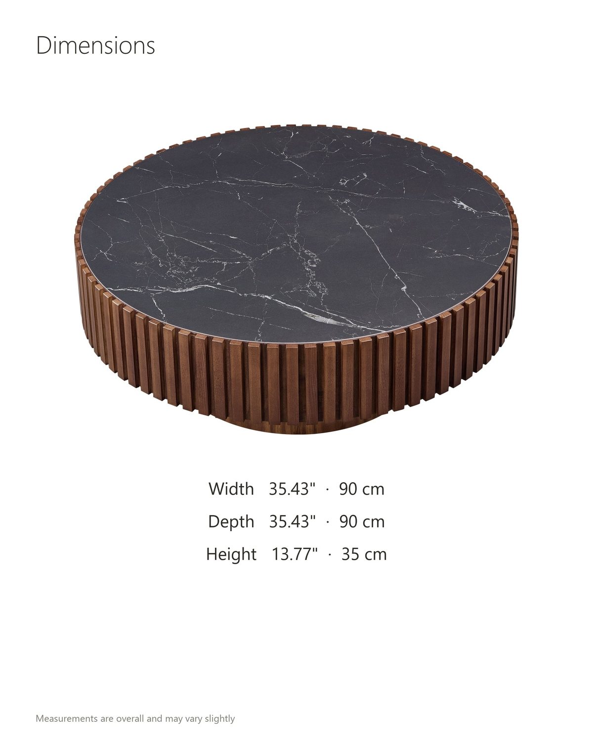 Barolo 35-Inch Round Black Sintered Stone Slatted Drum Coffee Table dimensions: 35.43 in wide, 35.43 in deep, 13.77 in high