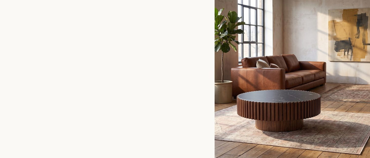 Black stone, walnut ring. - Barolo 35-Inch Round Black Sintered Stone Slatted Drum Coffee Table