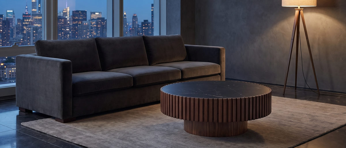 Barolo 35-Inch Round Black Sintered Stone Slatted Drum Coffee Table in the room