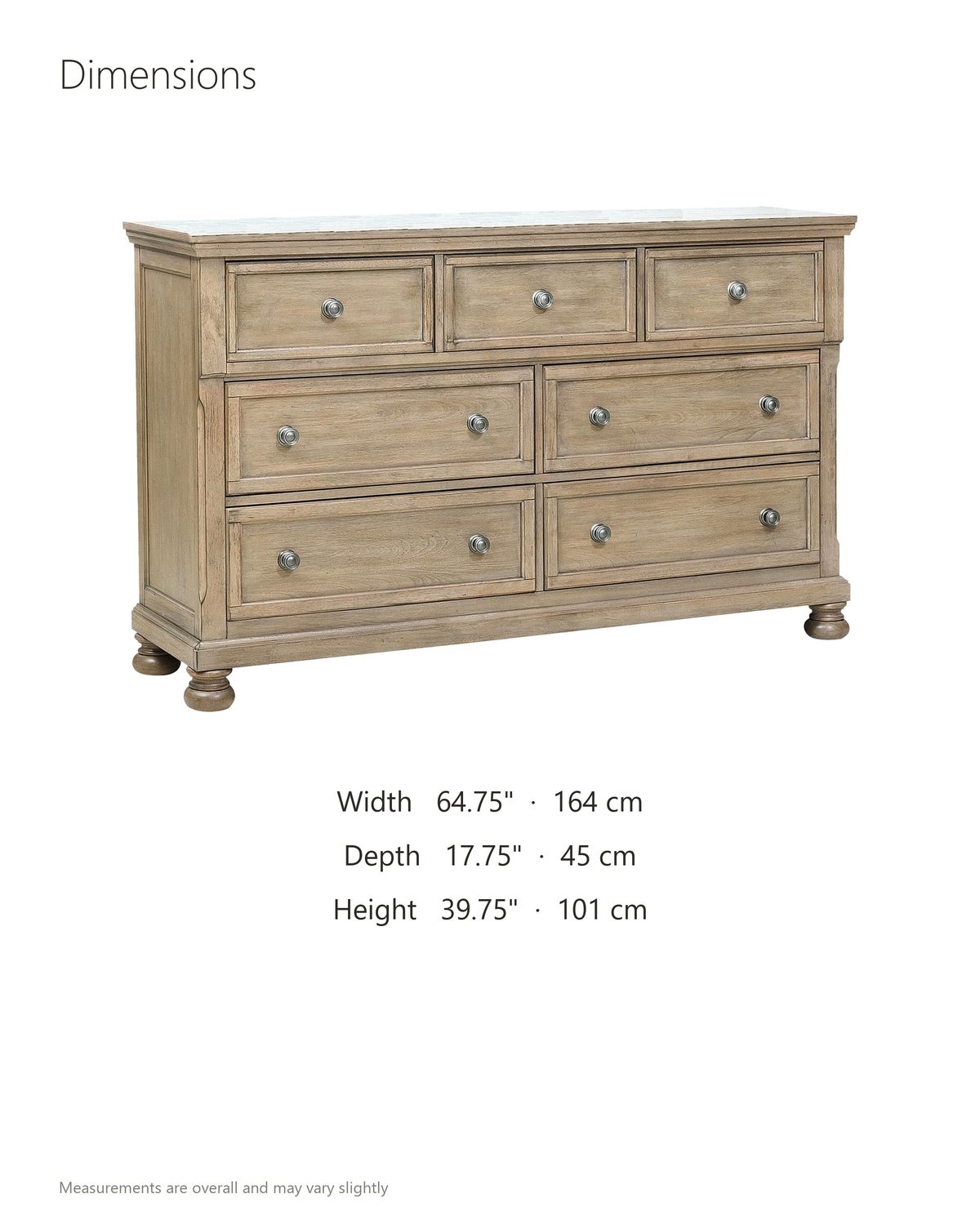 Bassano 65-Inch Wire-Brushed Driftwood Gray 7-Drawer Dresser dimensions: 64.75 in wide, 17.75 in deep, 39.75 in high