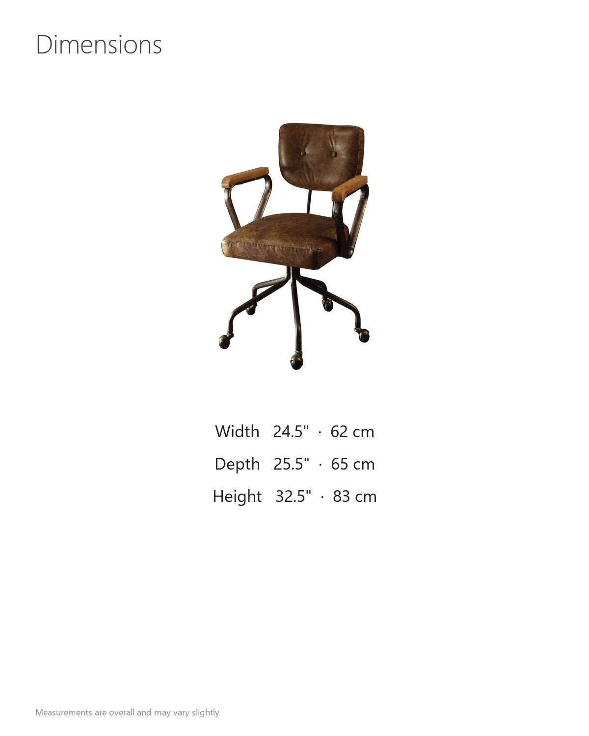 Belcastro Top-Grain Leather Swivel Desk Chair with Wood Arms dimensions