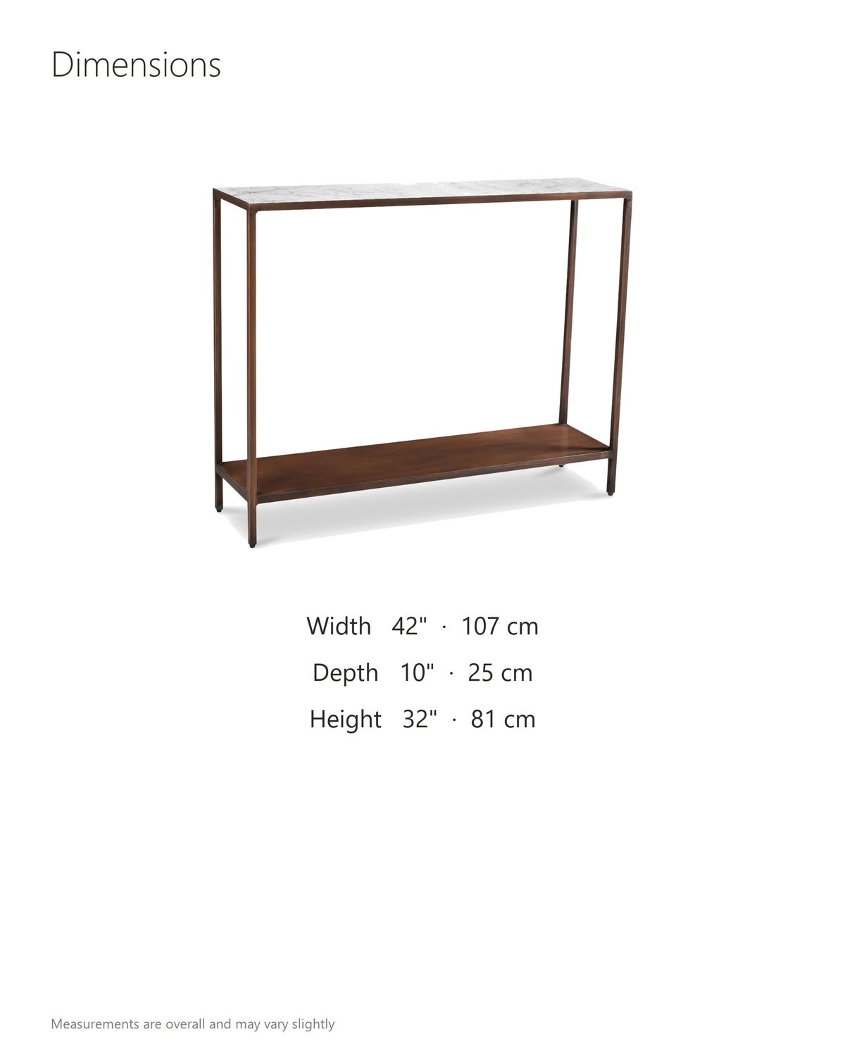 Bellegra White Marble Console Table dimensions: 42 in wide, 10 in deep, 32 in high