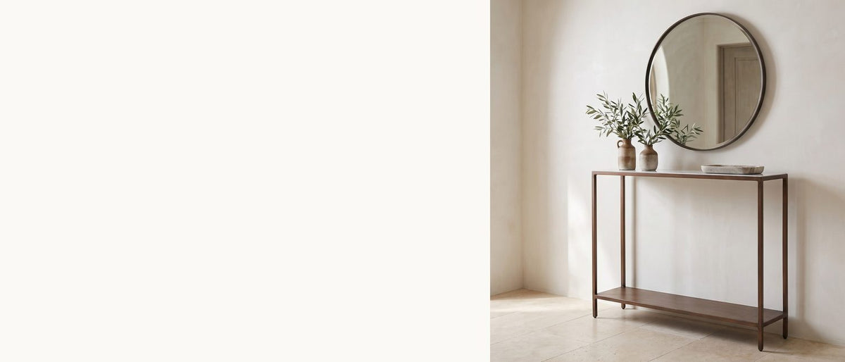 White marble, a copper outline. - Bellegra White Marble Console Table