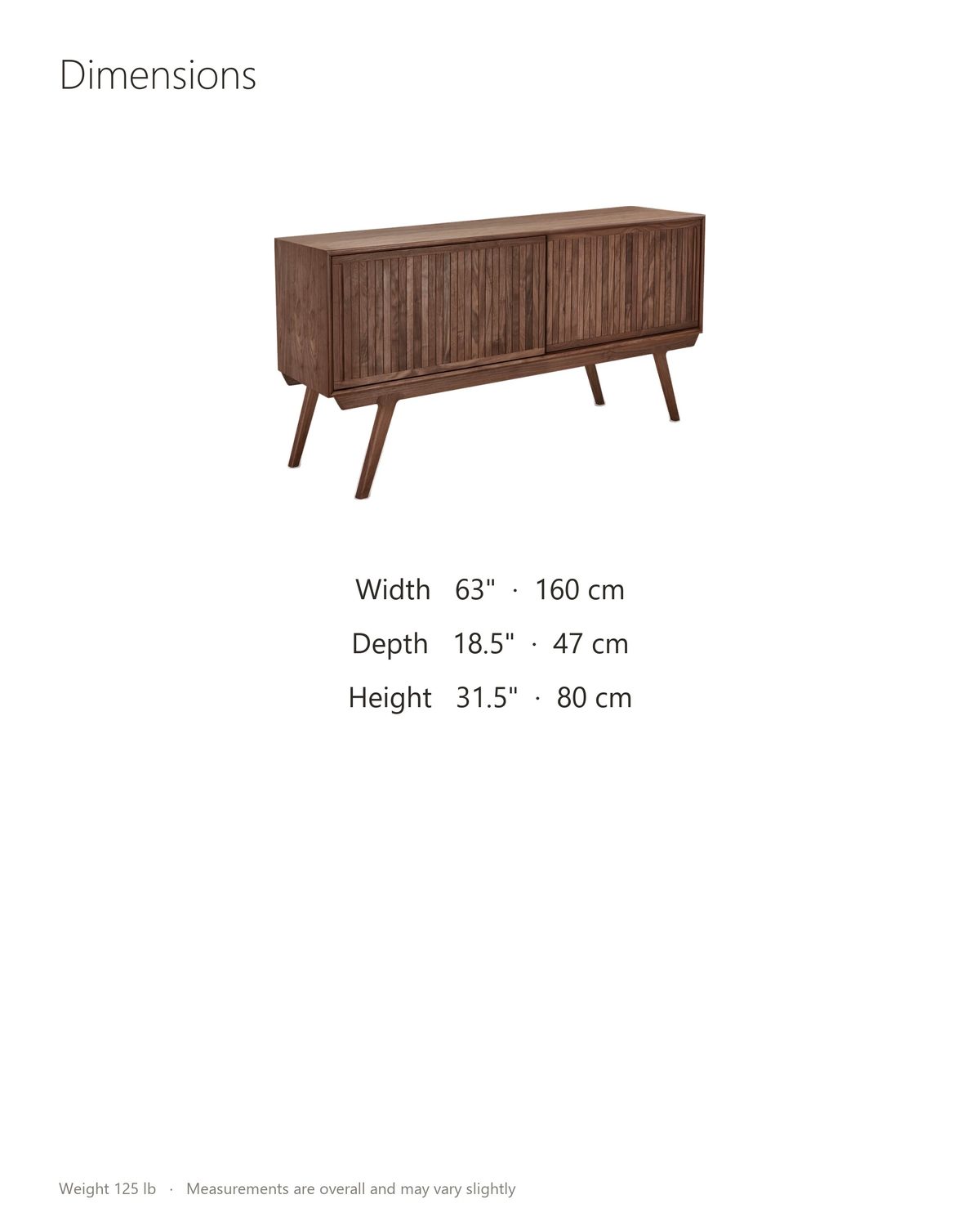 Belluno Solid Walnut Media Cabinet dimensions: 63 in wide, 18.5 in deep, 31.5 in high