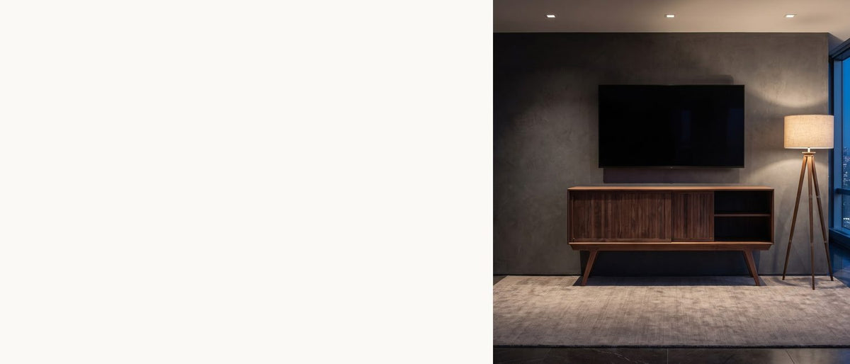 Solid walnut, sliding doors, mid-century bones. - Belluno Solid Walnut Media Cabinet