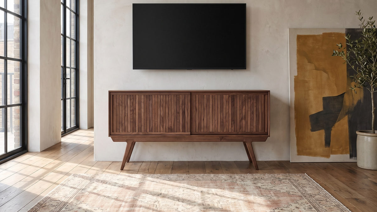 Belluno Solid Walnut Media Cabinet in the room