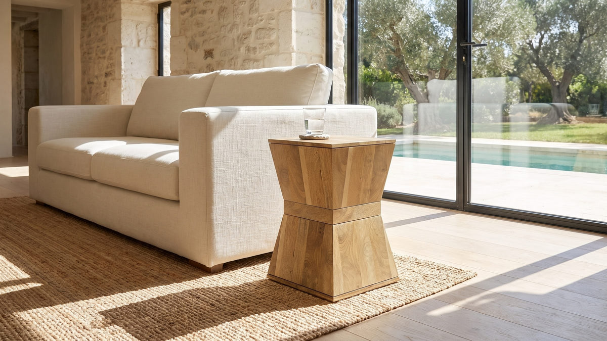 Warm wood, clean geometry. - Belmonte Mango Wood Hourglass Side Table