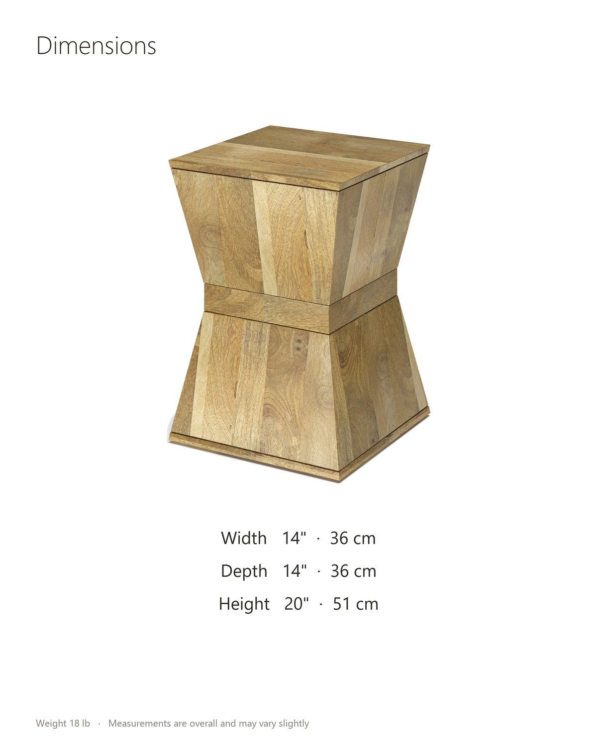 Belmonte Mango Wood Hourglass Side Table dimensions: 14 in wide, 14 in deep, 20 in high