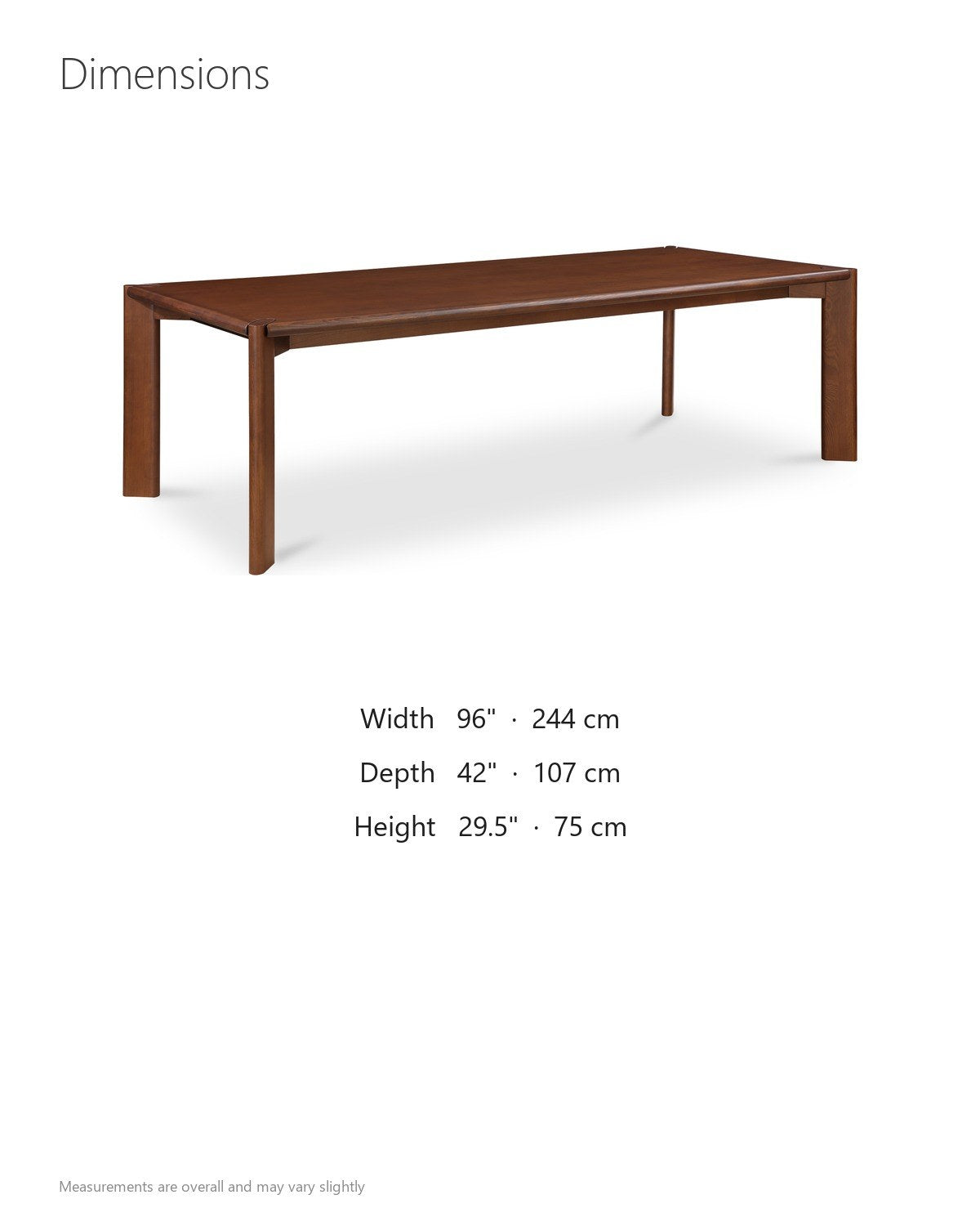 Belvedere 96-Inch Rectangular Walnut-Stained Solid Ash Dining Table dimensions