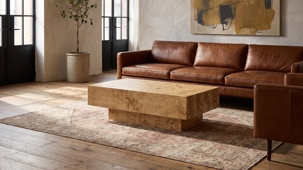 Warm burl, worn leather. - Biella 43-Inch Rectangular Burl Wood Veneer Coffee Table