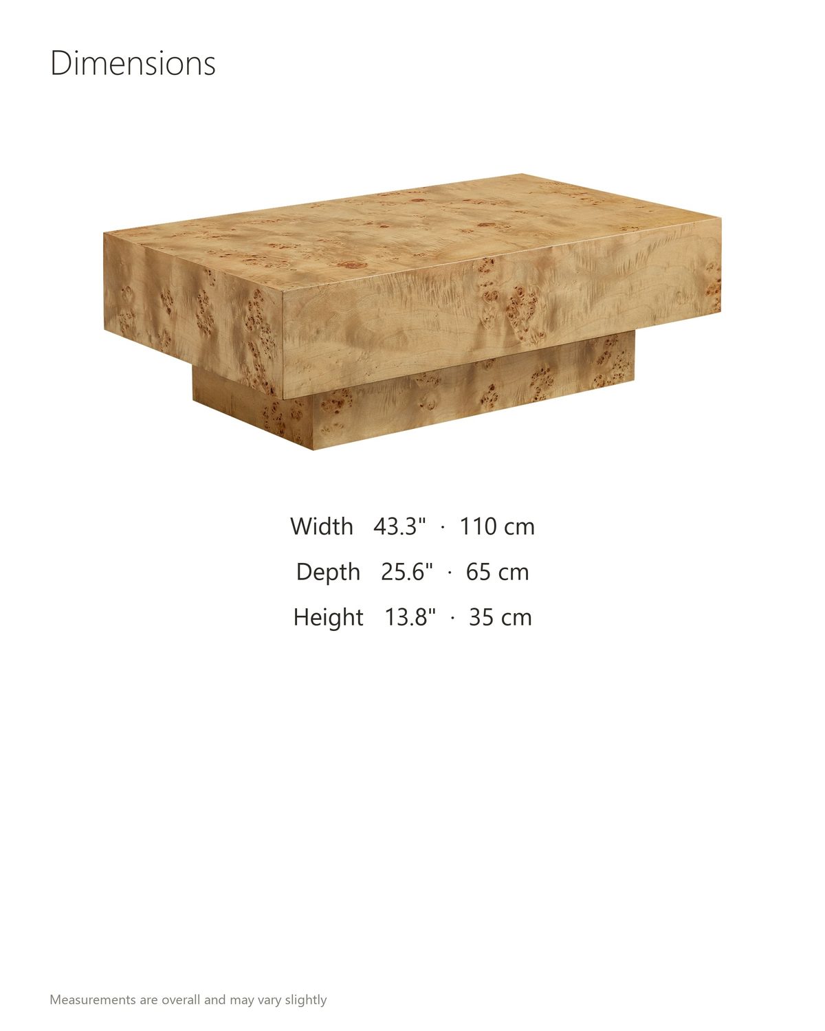 Biella 43-Inch Rectangular Burl Wood Veneer Coffee Table dimensions: 43.3 in wide, 25.6 in deep, 13.8 in high