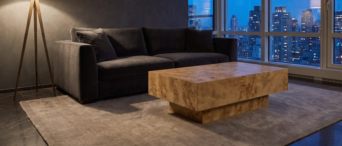 Biella 43-Inch Rectangular Burl Wood Veneer Coffee Table in the room