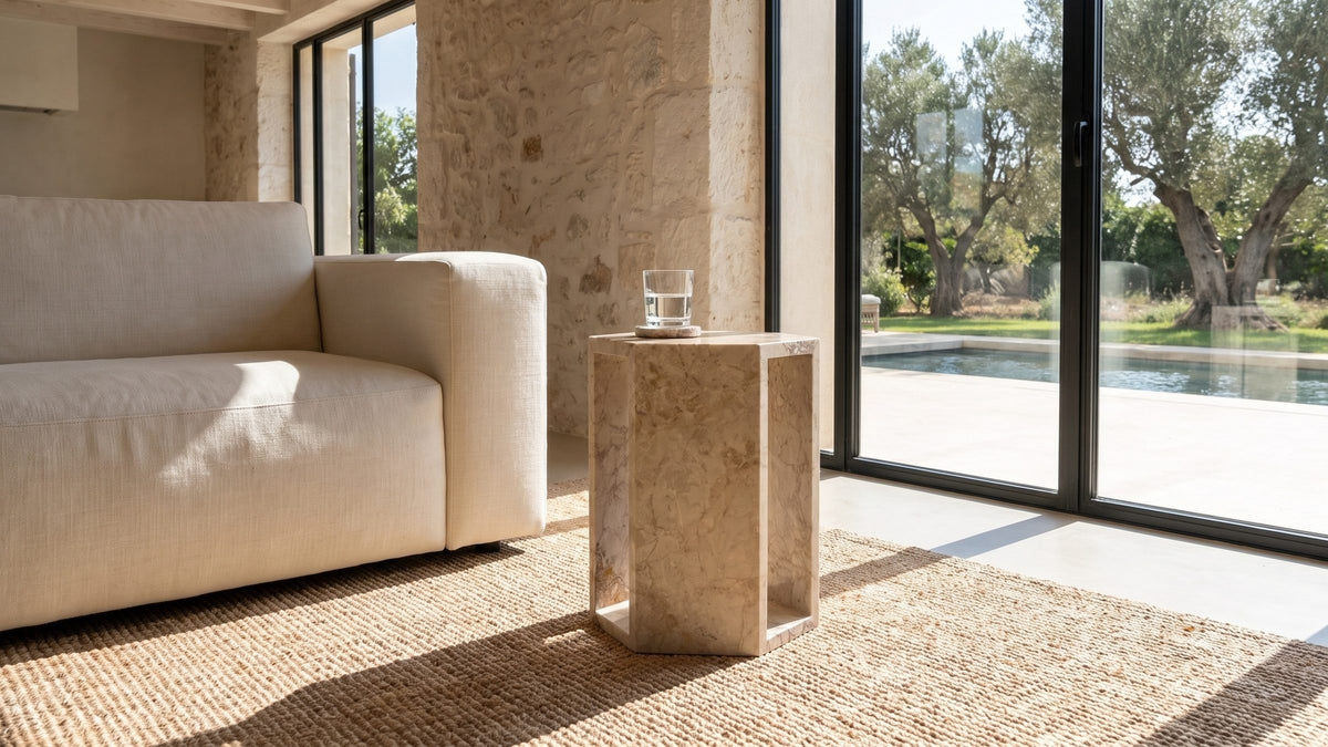 A small stone, warm in tone. - Bojano Rosa Marble Hexagon Side Table