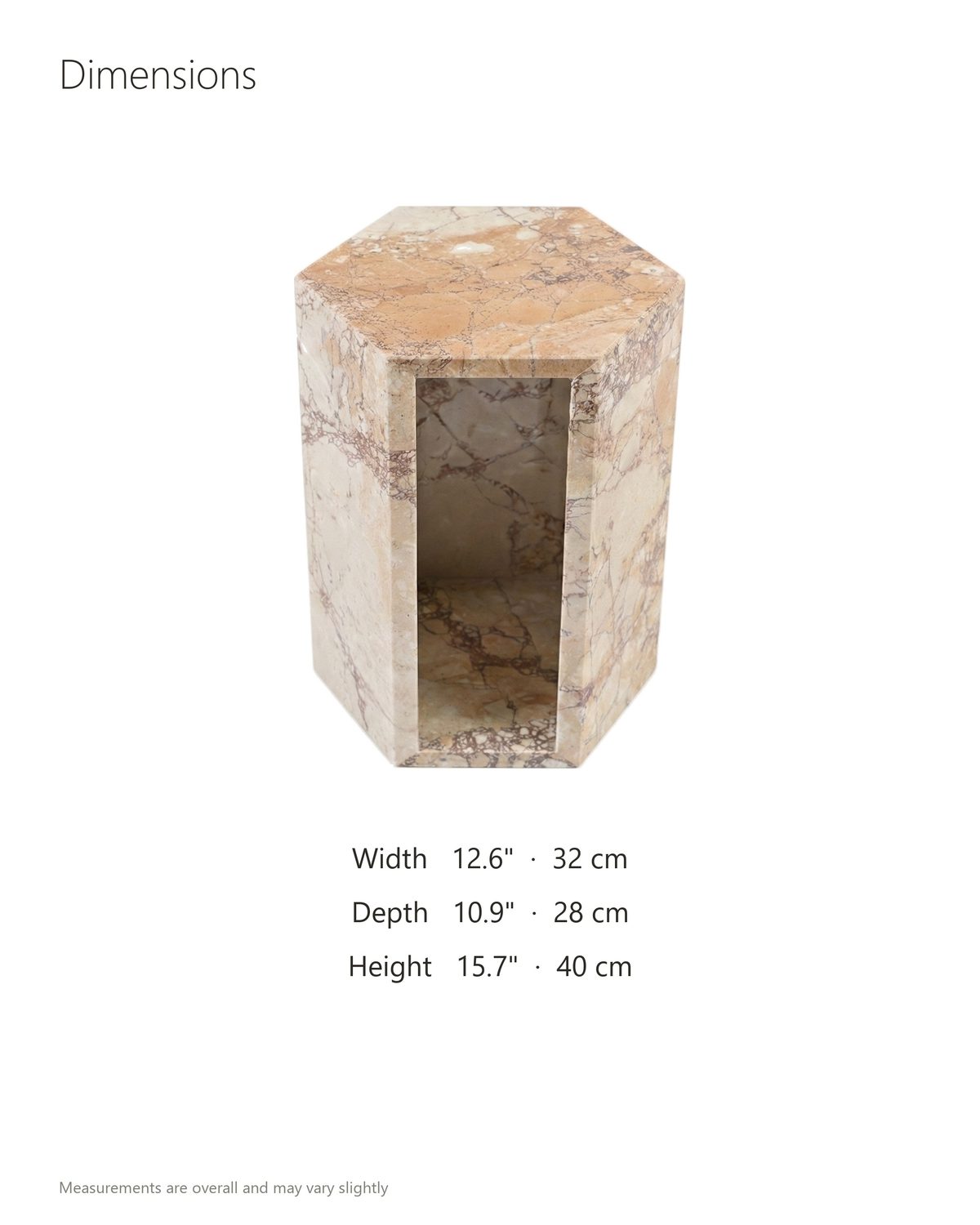 Bojano Rosa Marble Hexagon Side Table dimensions: 12.6 in wide, 10.9 in deep, 15.7 in high