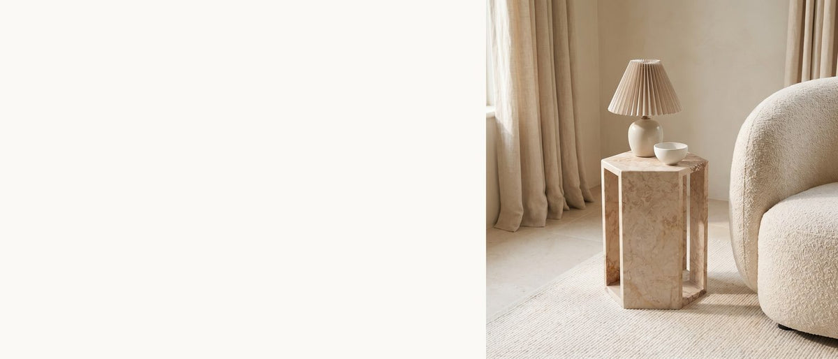 Six sides, three of them open. - Bojano Rosa Marble Hexagon Side Table