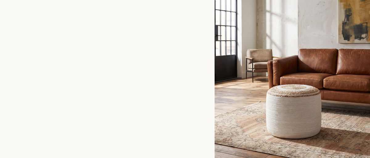 Jute and cotton, in the round. - Bordighera Braided Jute and Cotton Round Pouf