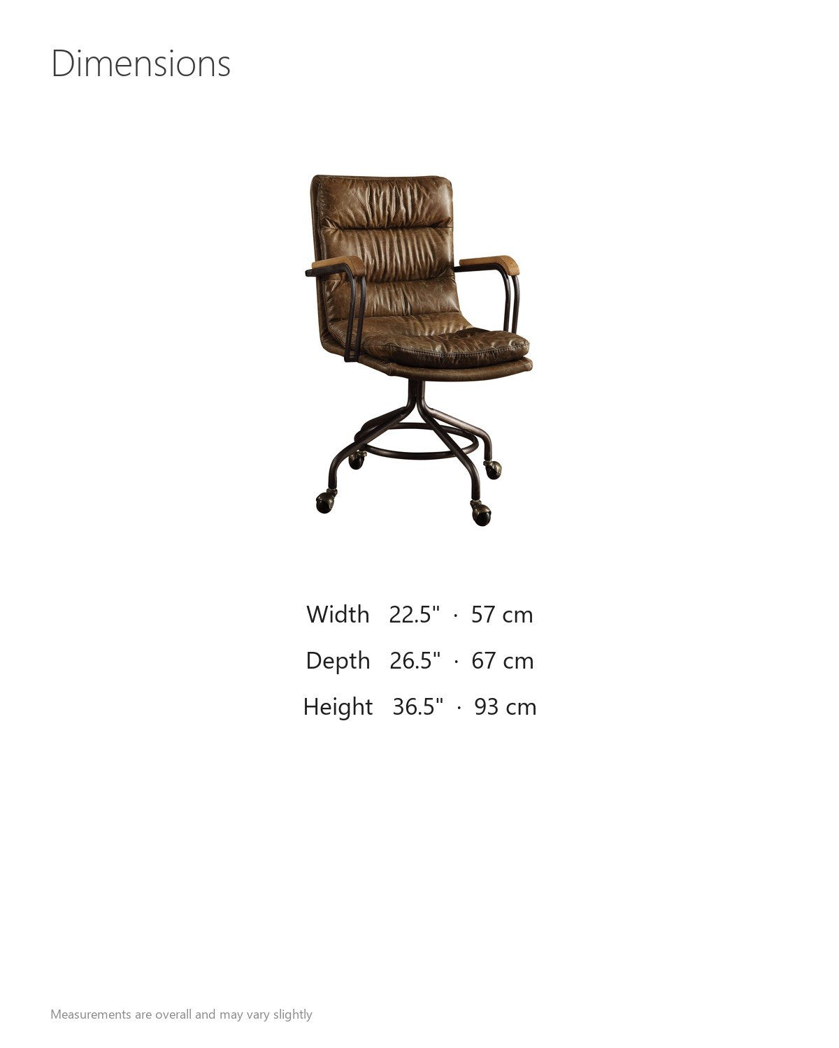 Bovalino Pillowed Top-Grain Leather Swivel Desk Chair with Wood Arms dimensions