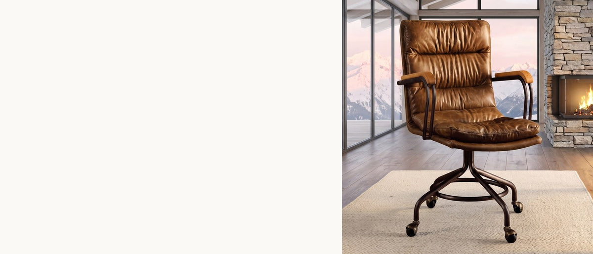 Settle in for the afternoon. - Bovalino Pillowed Top-Grain Leather Swivel Desk Chair with Wood Arms