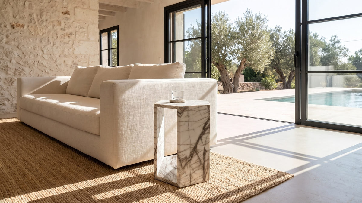 White stone, clean lines. - Bovino White Marble Hexagon Side Table