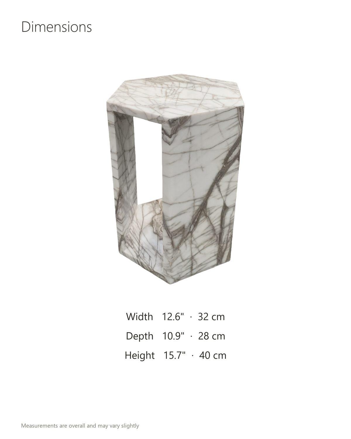 Bovino White Marble Hexagon Side Table dimensions: 12.6 in wide, 10.9 in deep, 15.7 in high