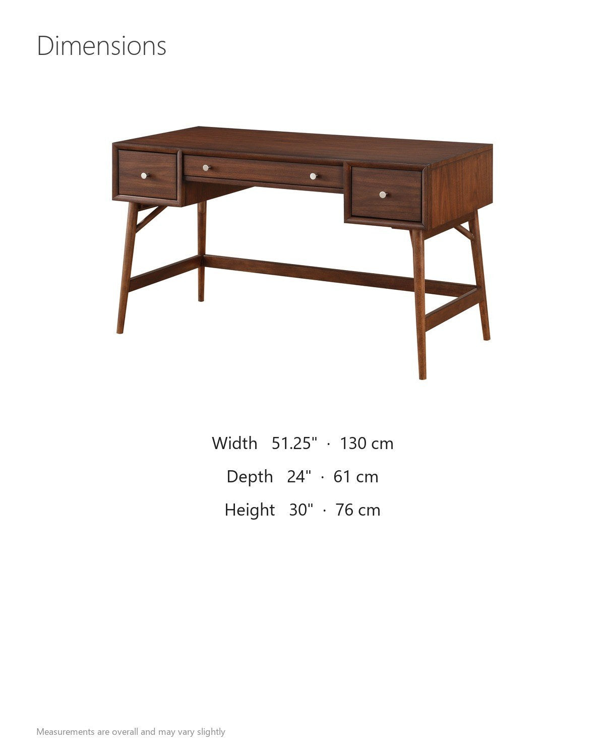 Brancaleone 51.25-Inch 3-Drawer Walnut Veneer Mid-Century Writing Desk dimensions